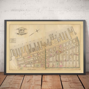 Mapa antiguo de Battery Park City y Tribeca, 1879 - Barrios del centro de Manhattan, Nueva York, río Hudson, Broadway, Greenwich St. - Con marco y sin marco