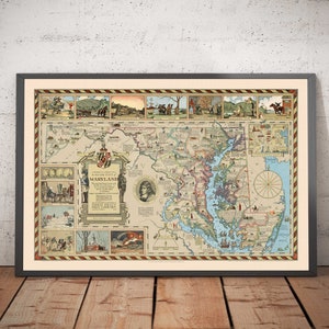 Ancienne carte historique du Maryland en 1931 par Edward Tunis - Baltimore, Annapolis, Frederick, St. Mary's County, Washington - encadrée, non encadrée