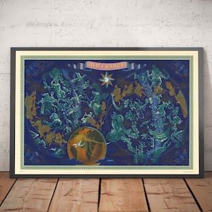 Mapamundi antiguo de Air France, celeste y zodiacal, 1959, de Bucher: mapa histórico de rutas aéreas y constelaciones (con marco y sin marco)