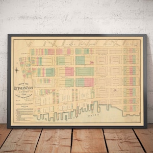 Oude kaart van Lower East Side & Two Bridges, NYC 1874 - Manhattan Streets, Rutger's Farm, East River - ingelijst, ingelijst