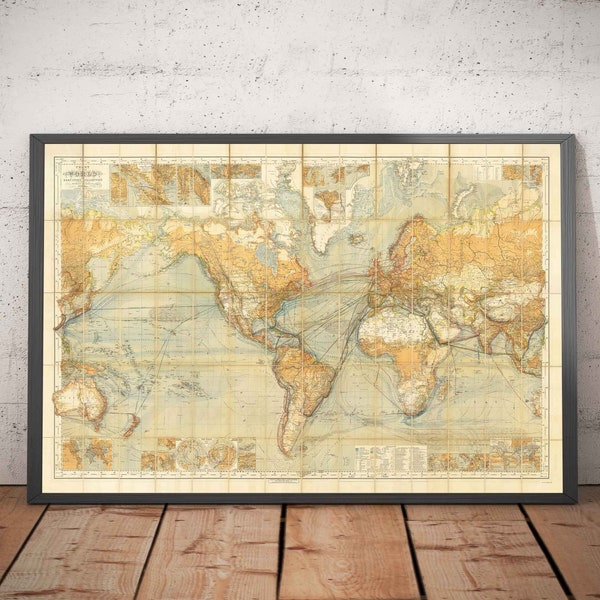 Oude scheepvaartroutes Wereldkaart, 1873 door Berghaus - Giant Atlas Chart - Zeevervoer, spoorwegen, havens, stoomboten - Ingelijst, ingelijst cadeau