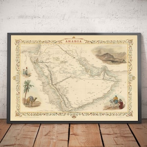 Old Map of Arabia, 1851 by Tallis & Rapkin - Saudi, Jordan, Oman, Yemen, Red Sea, Dubai, Persian Gulf, Middle East- Framed, Unframed