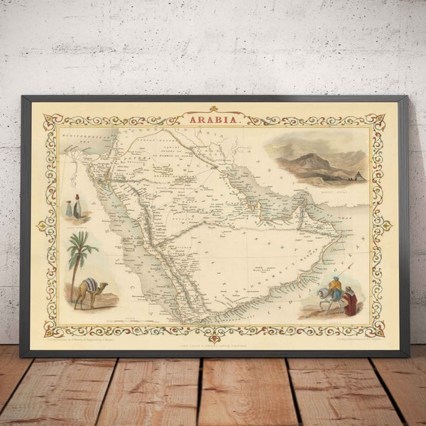 Old Map of Arabia, 1851 by Tallis & Rapkin - Saudi, Jordan, Oman, Yemen, Red Sea, Dubai, Persian Gulf, Middle East- Framed, Unframed