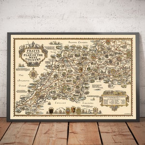 Plan Pratts du West Country, 1932 - Somerset, Dorset, Devon, Cornouailles - Carte ancienne de voitures anciennes - Esso, Standard - Cadeau encadré, sans cadre