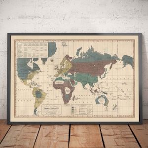 Old Political World Map, 1828 - Historical Religious Beliefs, Government, Civilisation Level, Barbarians & Savages - Framed, Unframed