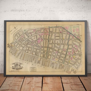 Oude kaart van Financial District & Civic Center, 1879 - Manhattan Wards, Wall St, Fulton St, East River, stadhuis - ingelijst, ingelijst