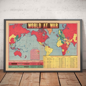 Oude kaart van de Tweede Wereldoorlog, 1942 - 'World at War' door Edwin Sundberg - VS betreedt de oorlog - Allies vs. Axis Troops - ingelijst, ingelijst