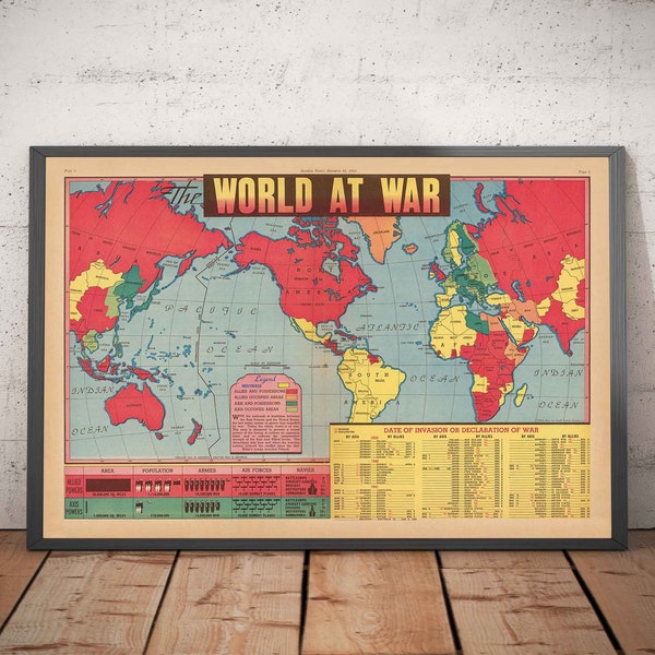 Old World War 2 Map, 1942 - "World at War" by Edwin Sundberg - USA Enters the War - Allies vs. Axis Troops - Framed, Unframed