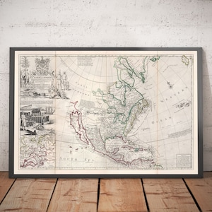 Vecchia mappa del Nord America, 1719 di Moll - 'La mappa del merluzzo' - USA, Canada, Messico, Caraibi, America Latina, Atlantico, Pacifico - Con cornice, Senza cornice