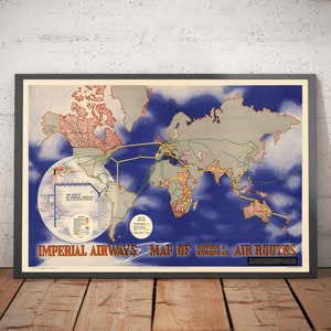 Imperial Airways World Map, 1937 - Bauhaus British Empire Old Map by Laszlo Moholy-Nagy - Long Haul Airline Routes - Framed, Unframed