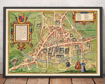 Old Map of Cambridge and University Colleges, 1575 - Trinity, Kings, Queens, Clare, Peterhouse, Christ's, Caius - Framed, Unframed