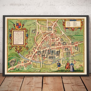 Mapa antiguo de Cambridge y los colegios universitarios, 1575: Trinity, Kings, Queens, Clare, Peterhouse, Christ's, Caius (con marco y sin marco)