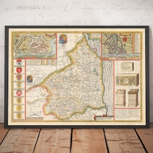 Ancienne carte du Northumberland en 1611 par John Speed - Newcastle, Gateshead, Hadrian's Wall, Tyne and Wear, Scots Border - Cadeau encadré, non encadré