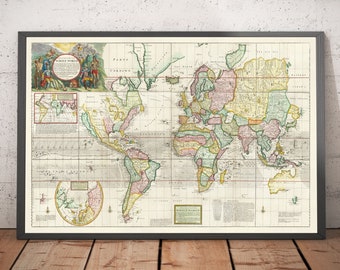 Rare carte du vieux monde de 1719 par Herman Moll - Grande carte murale de l'atlas colonial et de l'exploration - cadeau encadré ou non