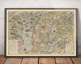 Old Sea Map of Scandinavia, 1539 - Carta Marina by Olaus Magnus - Nordic Countries Denmark, Sweden, Finland - Framed or Unframed Gift Chart