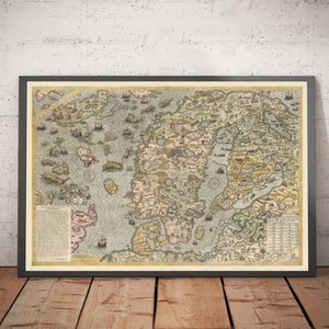 Old Sea Map of Scandinavia, 1539 - Carta Marina by Olaus Magnus - Nordic Countries Denmark, Sweden, Finland - Framed or Unframed Gift Chart