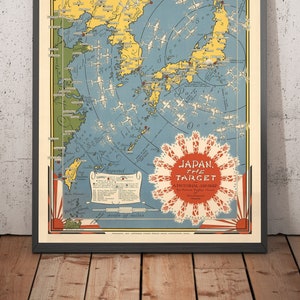 Mapa pictórico Japón, el objetivo de la Segunda Guerra Mundial, 1942 por Ernest Chase Antiguo gráfico de bombardeos de la Segunda Guerra Mundial China, Japón, Corea Enmarcado, Sin marco imagen 1