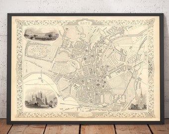 Mapa antiguo de Bath de John Rapkin, 1851 - Circo, Royal Crescent, Abadía, Baños romanos - Gráfico de la ciudad enmarcado o sin marco