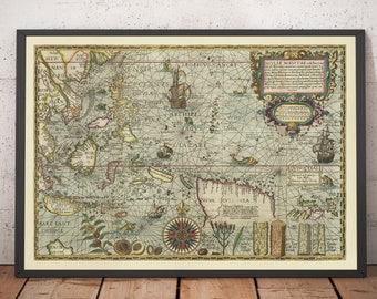 Old Spice Map of Southeast Asia, 1598 by Wolfe - Dutch East Indies Islands - Singapore, Indonesia, Borneo, Sea Monsters - Framed, Unframed
