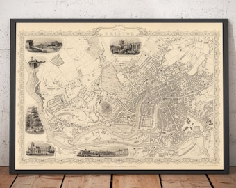 Mapa antiguo de Bristol de 1851, de Tallis y Rapkin: Clifton, Temple Meads, Castle y Redcliffe (con o sin marco)