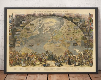 Old World Map, 1876 - "A Tour of the World" from Le Monde - 19th Century Exploration, History, Colonialism - Framed, Unframed