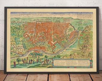 Old Map of Cairo in 1572 by Georg Braun - River Nile, Giza, Egypt, Great Pyramids & Sphinx, Ottoman Empire - Framed, Unframed