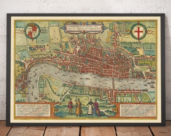以下が含まれることがあります： ロンドンの額入りヴィンテージ地図。都市のレイアウト、建物、テムズ川の詳細な描写。赤、緑、ベージュの色合いで、装飾的な要素とテキストが特徴。フレームは黒で、木製の表面に表示されています。