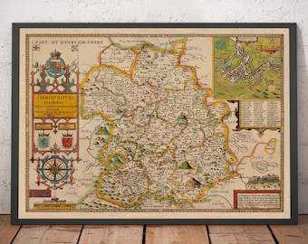 Old Map of Shropshire in 1611 by John Speed - Shrewsbury, Telford, Bridgnorth, Oswestry, Newport, Ludlow - Framed, Unframed Canvas Chart
