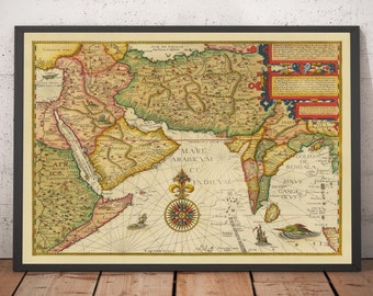 Old Map of Middle East & Asia, 1596 by Linschoten - India, Iran, Afghanistan, Pakistan, Persia, Arabia, Bangladesh - Framed, Unframed