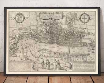 Very Old Map of London, 1572 by Georg Braun - City of London, Westminster, Southwark - Framed or Unframed Gift