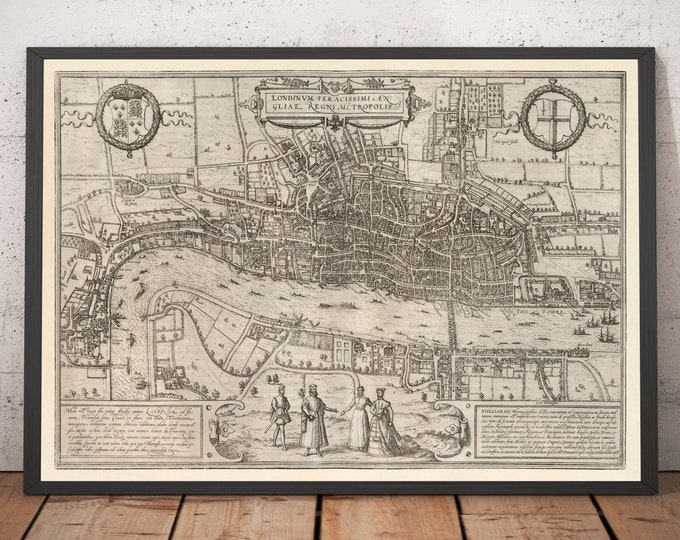 Very Old Map of London, 1572 by Georg Braun - City of London, Westminster, Southwark - Framed or Unframed Gift