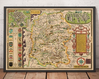 Old Map of Wiltshire in 1611 by Speed - Salisbury, Stonehenge, Swindon, Trowbridge, Chippenham, Warminster, Amesbury - Framed, Unframed Gift