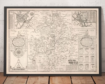 Mapa antiguo de Warwickshire en 1611 por John Speed - Birmingham, Coventry, Solihull, Warwick, Nuneaton, Leamington Spa - Enmarcado, Sin marco