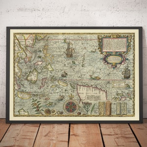 Old Spice Map of Southeast Asia, 1598 by Wolfe - Dutch East Indies Islands - Singapore, Indonesia, Borneo, Sea Monsters - Framed, Unframed