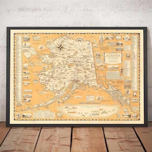 Old Pictorial Map of Alaska, USA by E. Chase, 1958 - Anchorage, Bears, Gold Mining, Towns, Mountains, etc. - Framed, Unframed