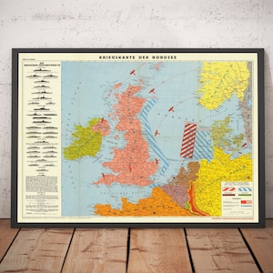 German World War 2 Map, 1940 - Old WW2 Military Chart of North Sea - British Navy Ships, Minefields, Battle Lines - Framed, Unframed