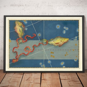 Antiguo mapa estelar de Piscis, 1603, de Johann Bayer - Carta astrológica del zodíaco - Signo del horóscopo Piscis - Con marco y sin marco