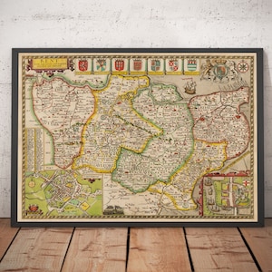 Old Map of Kent in 1611 by John Speed - Canterbury, Maidstone, Bromley, Tunbridge, Margate, Dover, Folkestone, Rye - Framed, Unframed