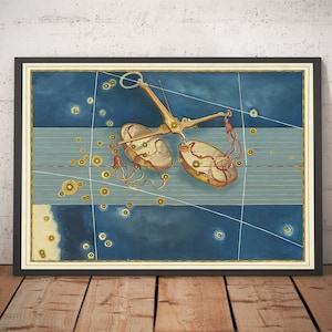 Antiguo mapa estelar de Libra, 1624, de Johann Bayer - Carta astrológica del zodíaco - Signo de la balanza - Con marco y sin marco