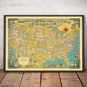 Old Pictorial Map of USA, 1941 by E. Chase - "America the Wonderland" - Illustrated Landmarks, Natural Wonders - Framed, Unframed