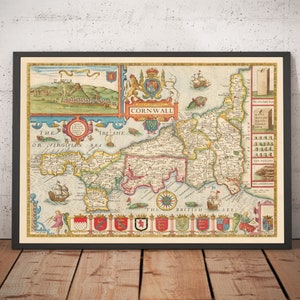 Alte Karte von Cornwall, 1611 von John Speed - Falmouth, Redruth, St Austell, Truro, Penzance, Lands End, Michael's Mount - Geschenk mit Rahmen ohne Rahmen