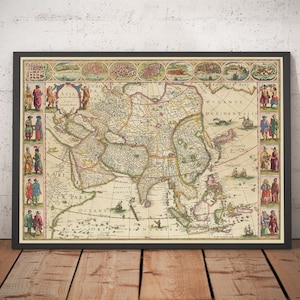 Old Map of Asia, 1640 by Willem Blaeu - Colonial East Indies - China, India, Malaysia, Singapore Thailand Philippines - Framed Unframed Gift