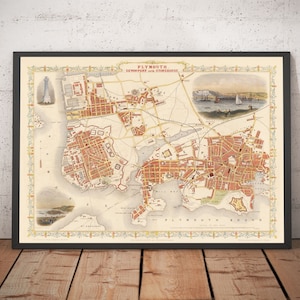 Alte Karte von Plymouth im Jahr 1851 von Tallis, Rapkin - Stonehouse, Devonport - Handkolorierter Vintage Stadtplan - Gerahmt, Ungerahmt