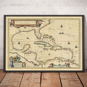 Carte ancienne des Caraïbes en 1640 par Willem Blaeu - Cuba, Jamaïque, République dominicaine, Porto Rico, Bahamas - Cadeau encadré, non encadré