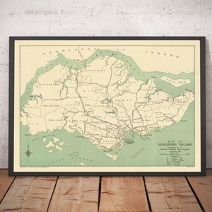 Oude kaart van het eiland Singapore, 1920 - wegen, spoorwegen, Sembawang, Tampines, Tuas, Johor Bahru, Maleisië - ingelijst, ingelijst