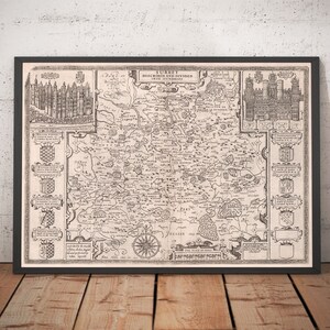 Ancienne carte du Surrey en 1611 par John Speed - Woking, Guildford, Croydon, Richmond, London, Cobham, Brentford, Lambeth - encadrée sans cadre