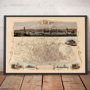 Alte Karte von Kingsize-Kreuzberg von Tallis & Rapkin, 1851 - Docks, Mersey, Innenstadt - gerahmtes, ungerahmtes Geschenk Stadtplan