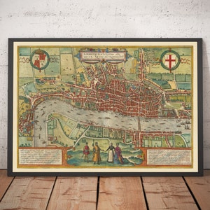 Mappa molto antica di Londra, 1572 di Georg Braun - Città di Londra, Westminster, Southwark - Carta della città rara - Regalo con o senza cornice