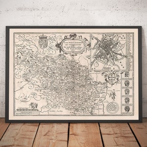 Old Map of West Yorkshire, 1611 by Speed - York, Bradford, Sheffield, Leeds, Huddersfield, Harrogate, Skipton - Mono Framed, Unframed