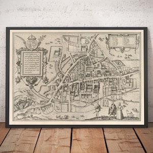Old Map of Cambridge and University Colleges, 1575 by Braun - Trinity, Kings, Queens, Clare, Peterhouse, Christ's - Framed or Unframed Gift